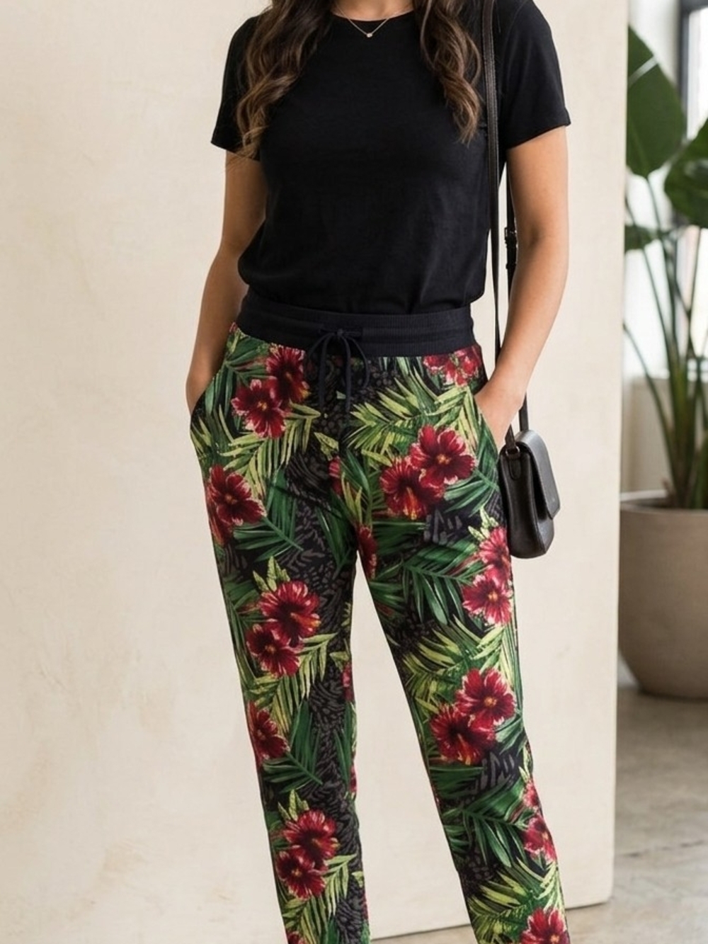 Tropical Floral Joggers - Black with Green & Red Floral